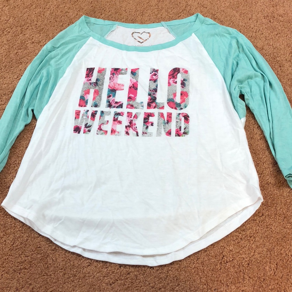 Green and White “Hello Weekend” Top